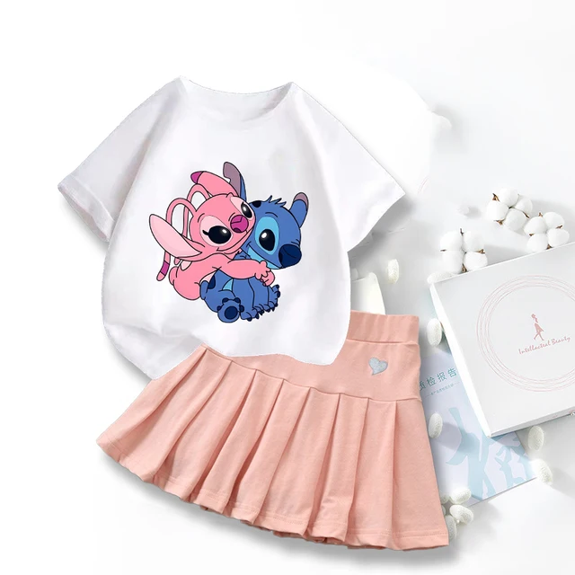 Nuevas camisetas bonitas de Lilo Stitch, conjunto de falda, camiseta gráfica de dibujos animados Kawaii de Disney, pantalón corto informal para niños, Tops de manga, ropa de verano para niñas - Imagen 3