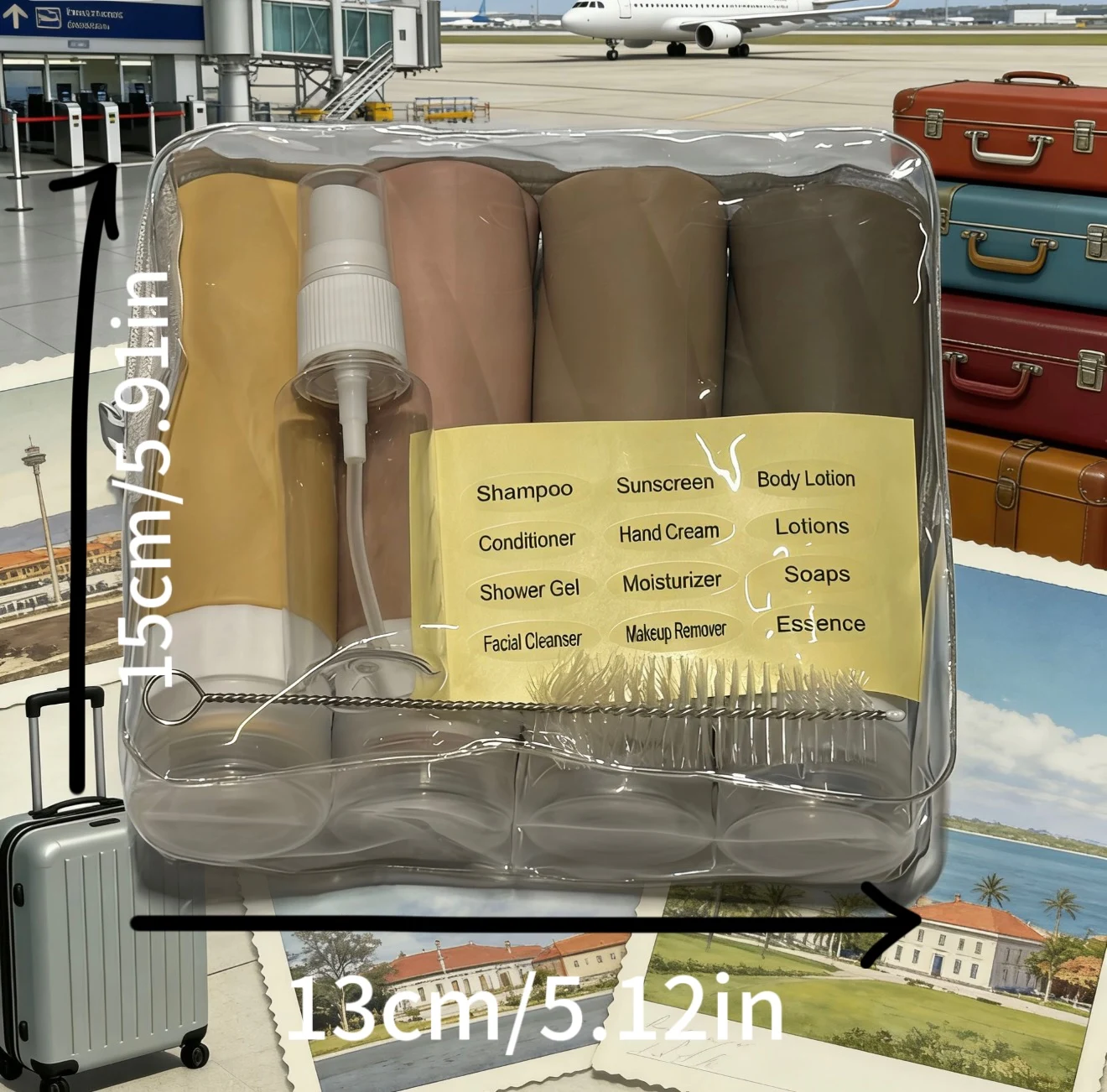 Deluxe Travel Toiletry Kit – Complete with Cleaning Brush, Stylish Travel Sticker, Handy 30ml Spray Bottle, Versatile Toiletry Bag, and Four 90ml Refillable Containers – Ideal for Cruises, Vacations, and Holiday Gifting