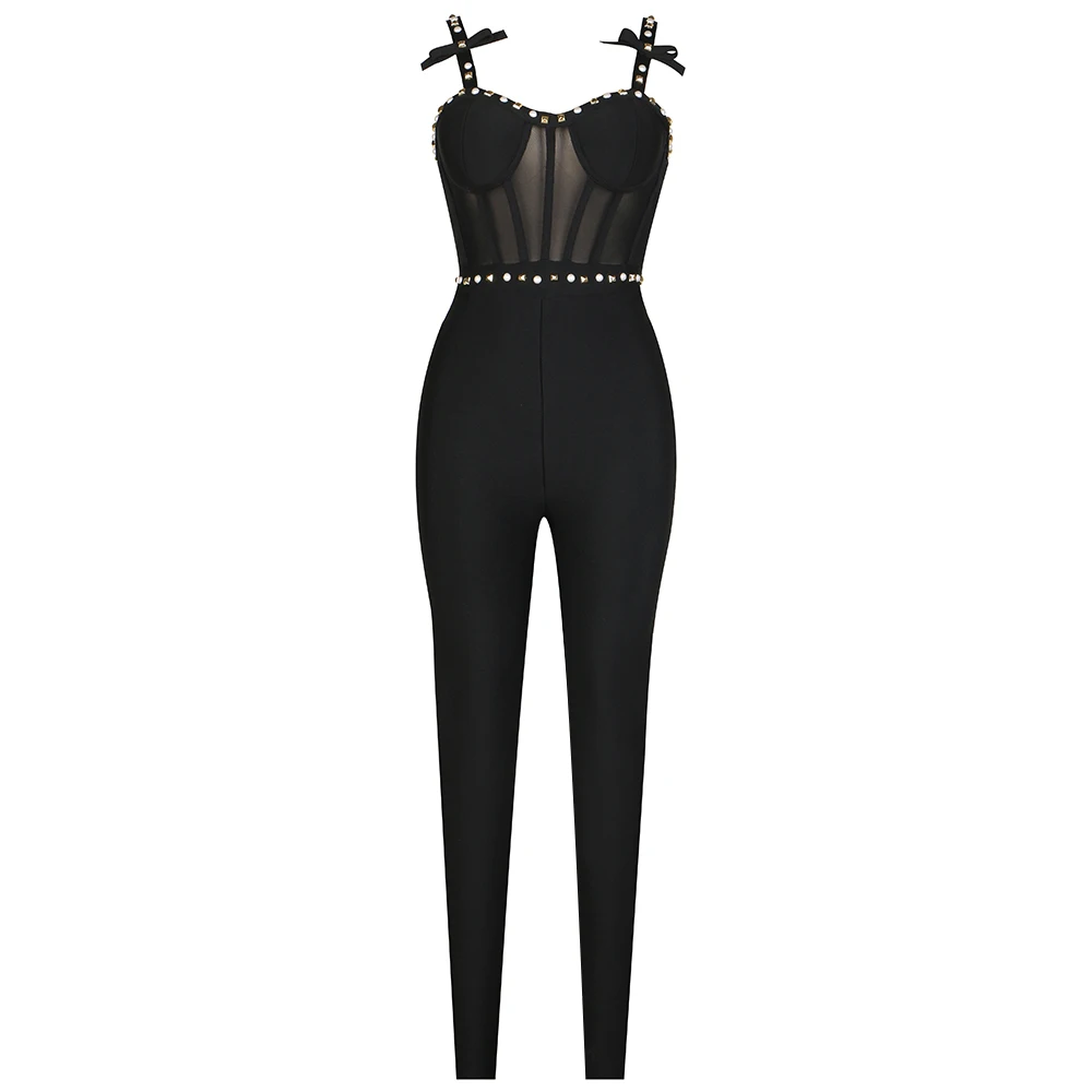 

2023 New Summer Women Black Rayon Bandage Sexy Lace Splicing Suspender Jumpsuit Celebrate Birthday Evening Party Jumpsuit