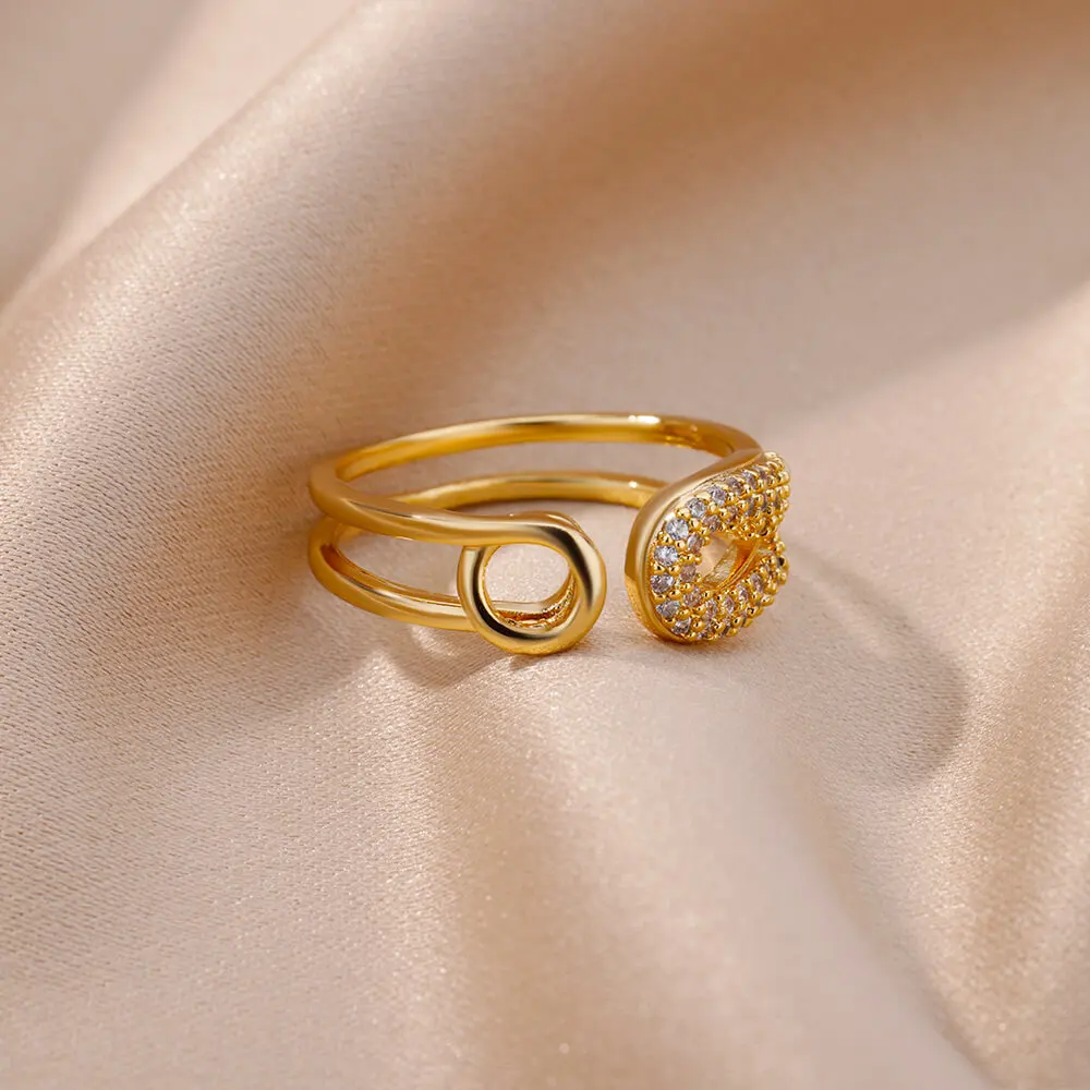 Zircon Pin Rings For Women Stainless Steel Gold Plated Opening Adjustable