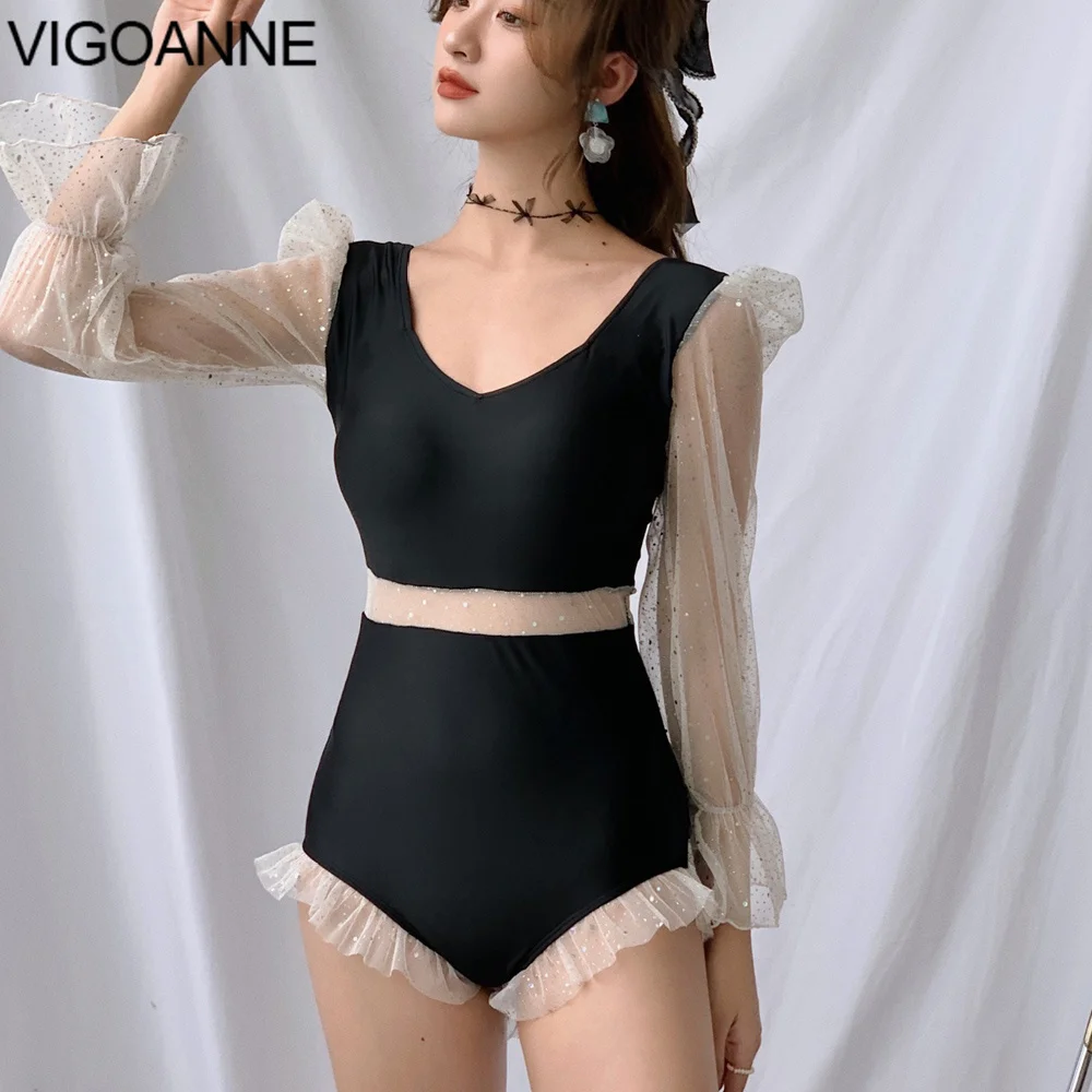 

VigoAnne Solid Long Sleeve Swimwear Women 2023 Sexy Mesh Push Up One Piece Swimsuit Korean Slimfit Monokini Summer Bathing Suit