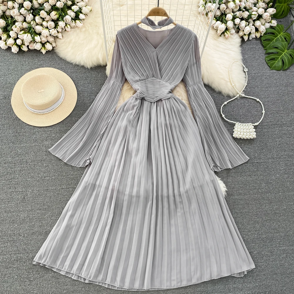 Autumn Flare Sleeve V-neck Midi Dresses for Women Solid Pleated A-line Elegant Party Dress Korean Fashion One Piece Vestidos New