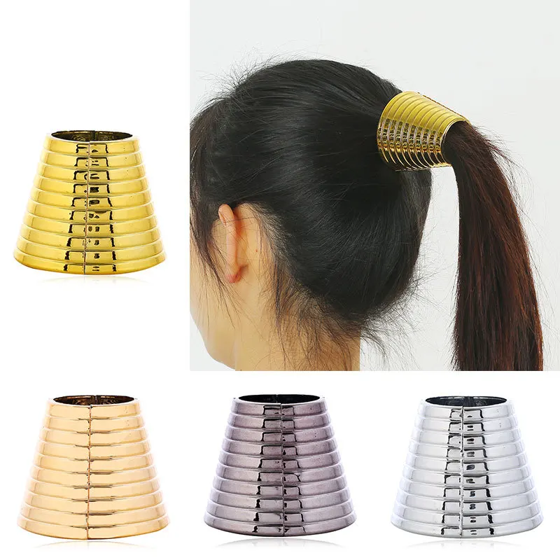Threaded Large Flared Ponytail Buckle Ponytail Holder Gold Sliver