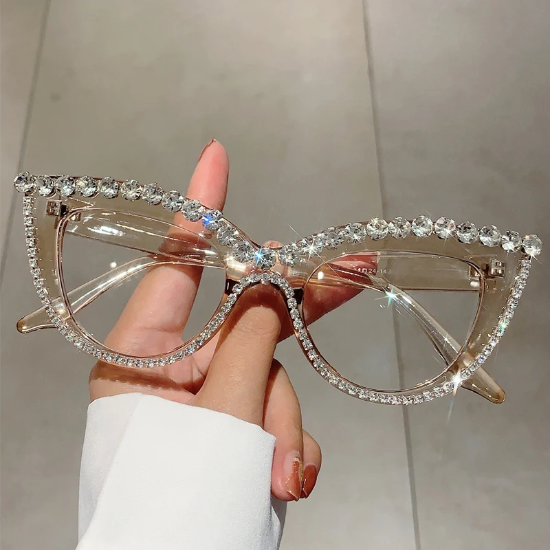 Women Glasses fashion eyeglasses Retro Cat Eye Glasses With Rhinestones for Women KAMMPT Oversized Spectacles