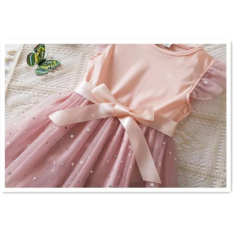 2025 New in Dress Solid Sequin Summer Dress 2 4 6 Years Kid's Princess Fly Sleeve Elegant Cute Birthday Party