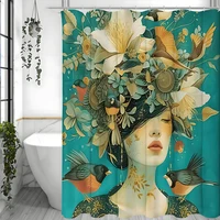 Abstract Art Flower and Bird Girl Design, Shower Curtain, Bathroom Decorative Shower Curtain, Waterproof Shower Curtain with Hoo 1