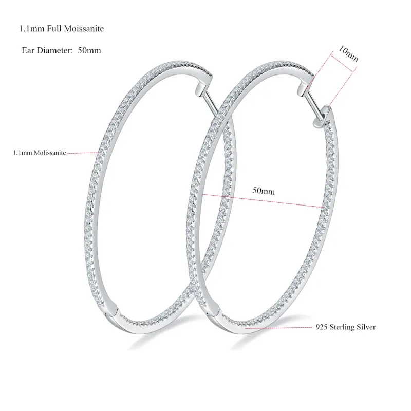 Follow Cloud 50mm Full Enternity Moissanite Hoop Earrings for Women 1.1mm Stone Sparkling Diamond Earing 925 Sterling Silver 3