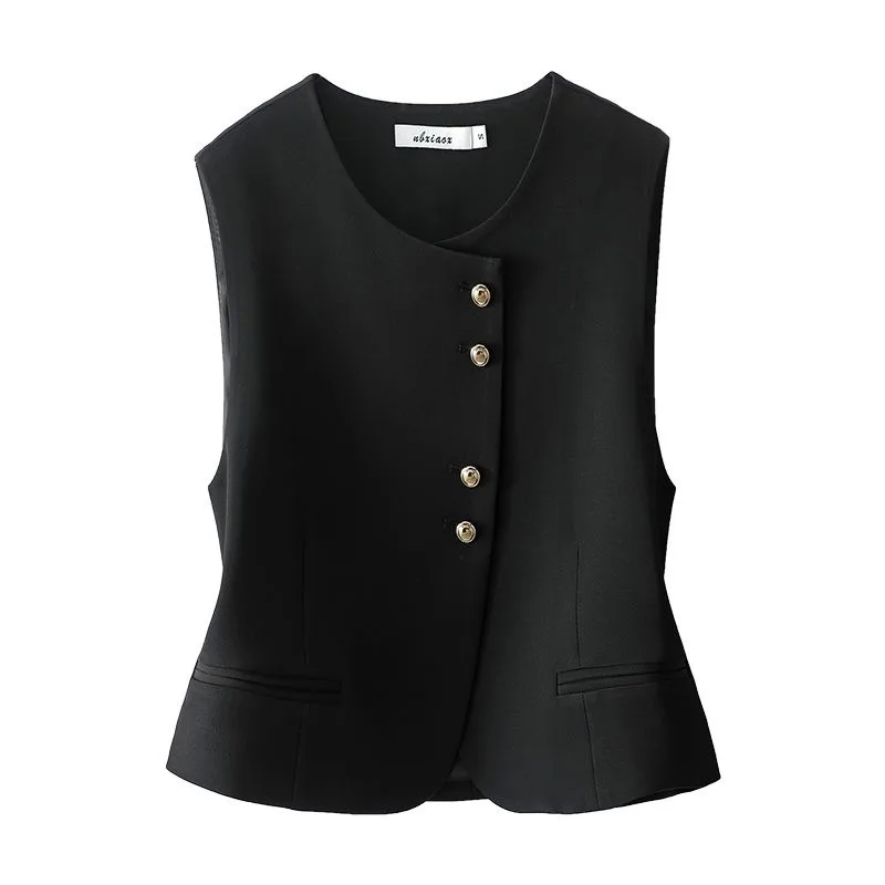 

Short Vest Jacket Women's New Spring and Autumn Top Design Commuting Round Neck Sleeveless Vests Slimming Solid Color Cardigan