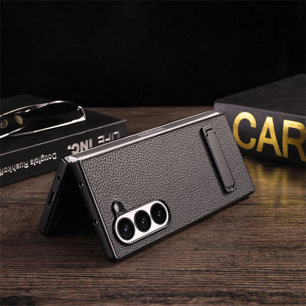 Elegant Litchi Leather Invisible Bracket Case with Stand Holder and Thin Bumper Design