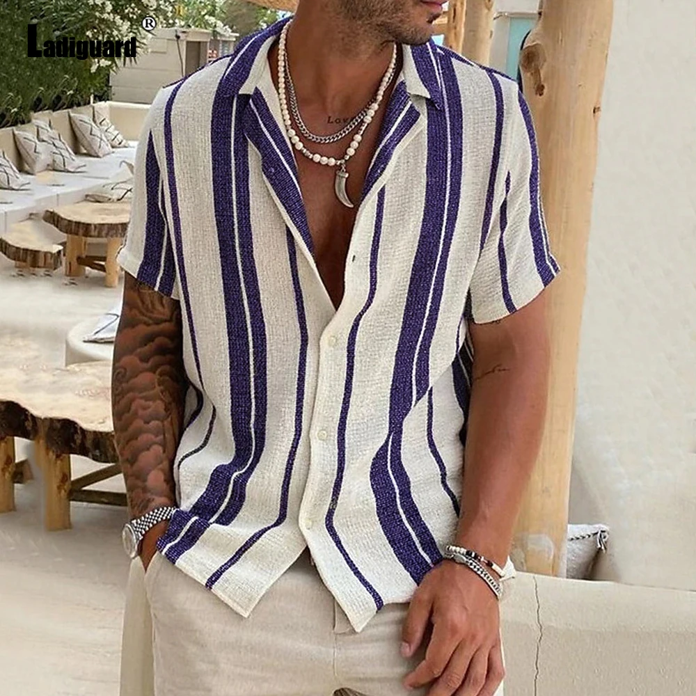 

Ladiguard 2023 Men Short Sleeve Casual Beach Shirt America Europe Fashion Stripe Blouse Plus Size Mens Camisa Top blusas hommes