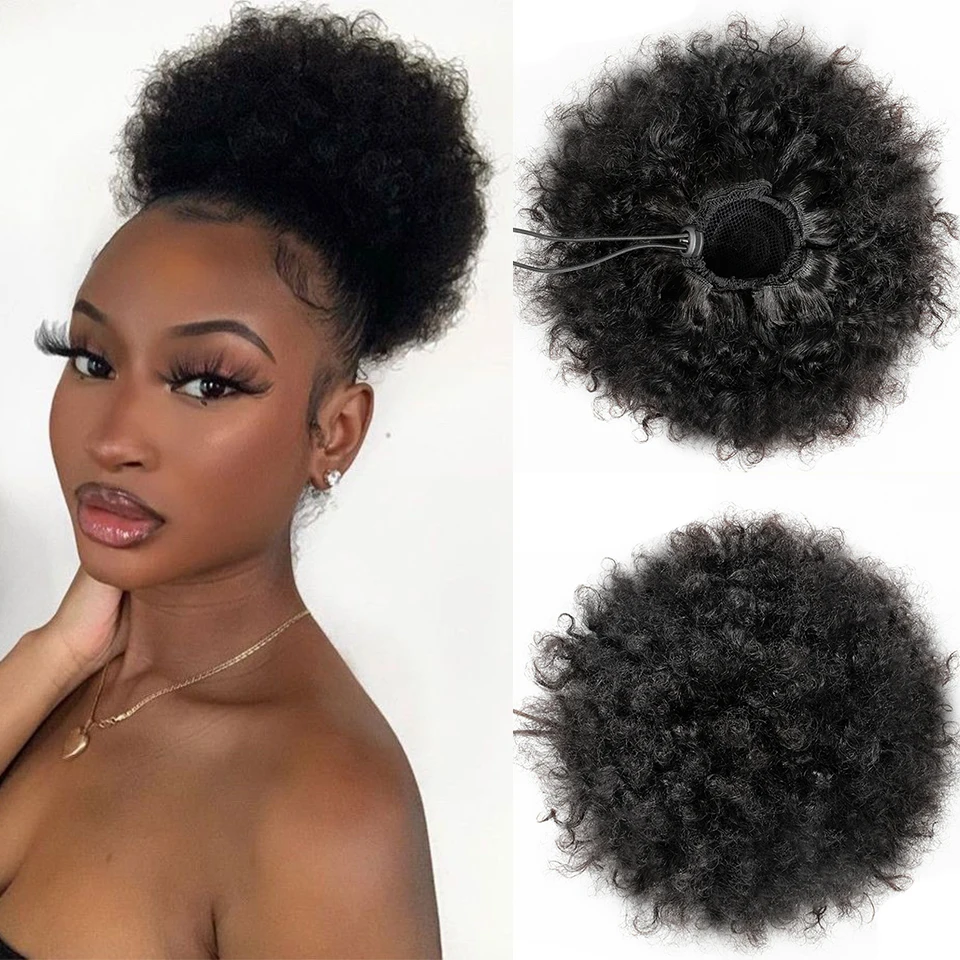 6inch Afro Puff Hair Bun Short Afro Kinky Curly Drawstring Ponytail Human Hair Clip In Extensions Short Chignon Hairpiece