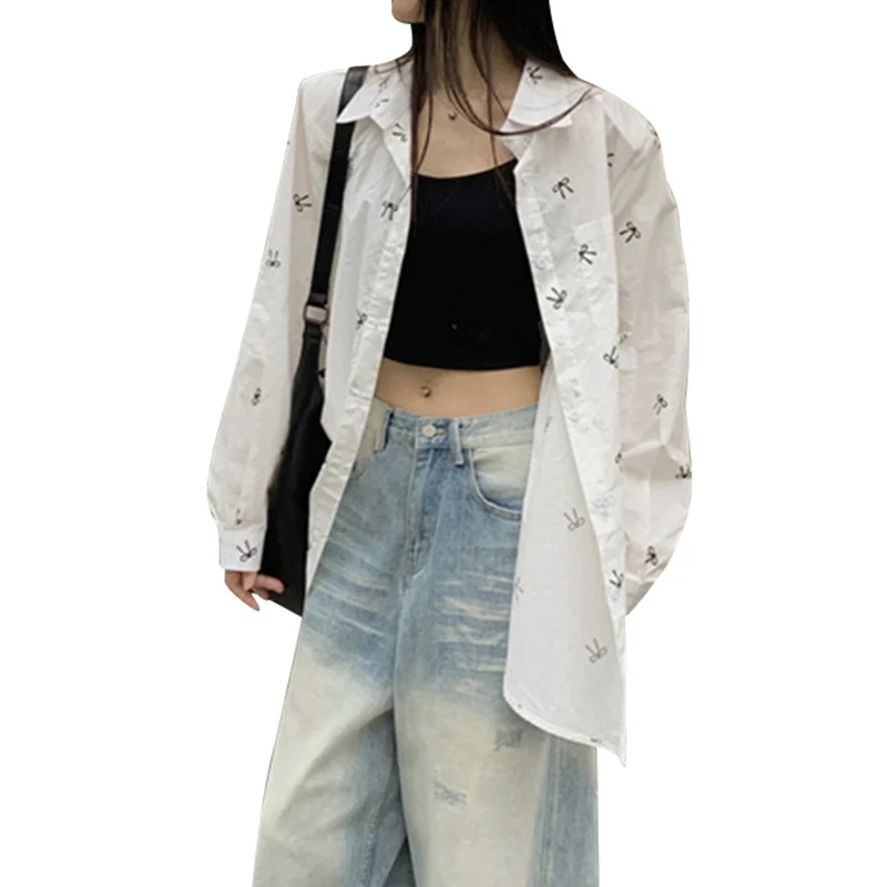 Camisa Y2K para mujer, blusa con estampado de lazo, cuello de solapa, botonadura sencilla, manga larga con bolsillo, ropa de calle de los años 2000