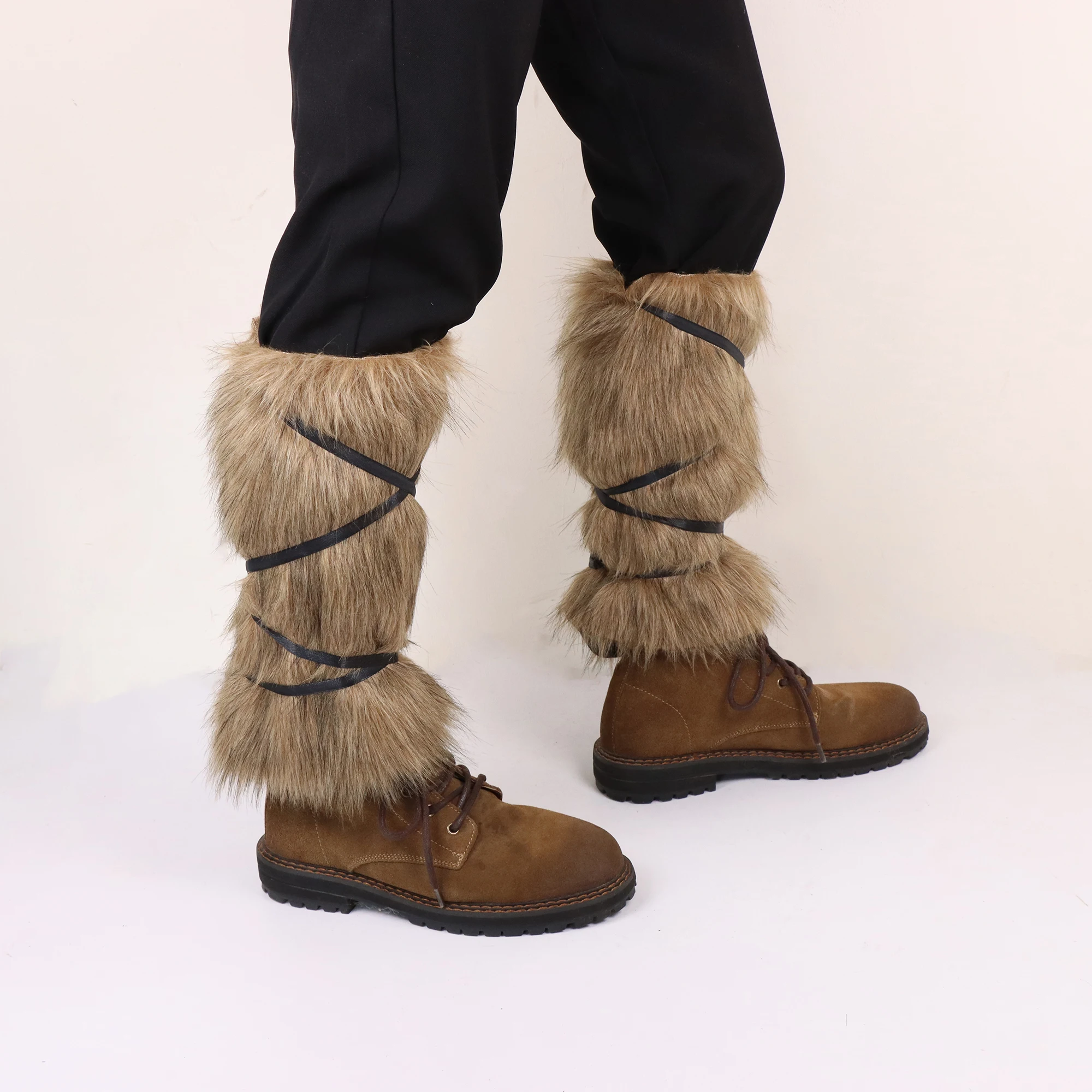 Men's Medieval Faux Fur Warm Leggings with Viking Cosplay Accessories