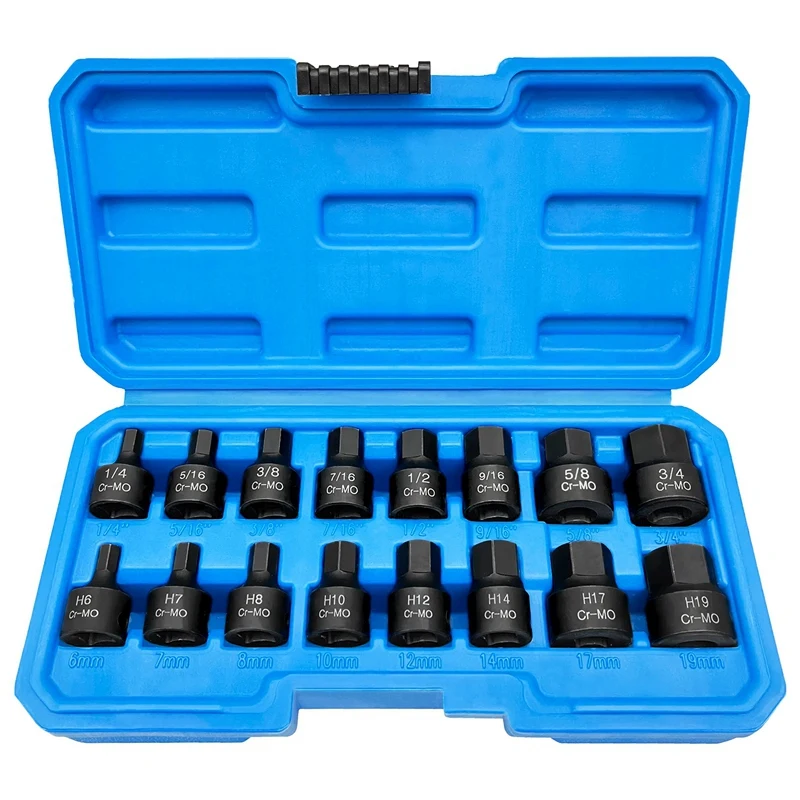 

3/8 Inch Drive Low Profile Impact Hex Driver Set 16 Pcs SAE/Metric 1/4-3/4 Inch 6-19Mm Cr-Mo Steel Durable Easy Install