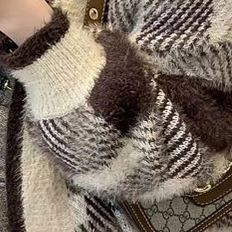 인기 판매, 커피 컬러 스트라이프 격자 무늬 스플라이스 v넥 가디건 드롭 숄더 별 모양, 루즈한 한국 스타일, 가을용 와일드