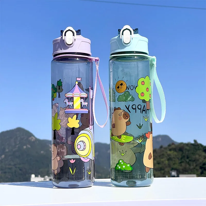 Cartoon Capibala Pattern Water Bottle Leakproof Plastic Straw Cup Portable Outdoor Travel Large Capacity Sports Cup 750ml
