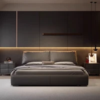 Lit double avec dossier souple, cadre de lit moderne de luxe, table de chevet, meubles de maison en bois massif, décoration esthétique pour chambre à coucher 3