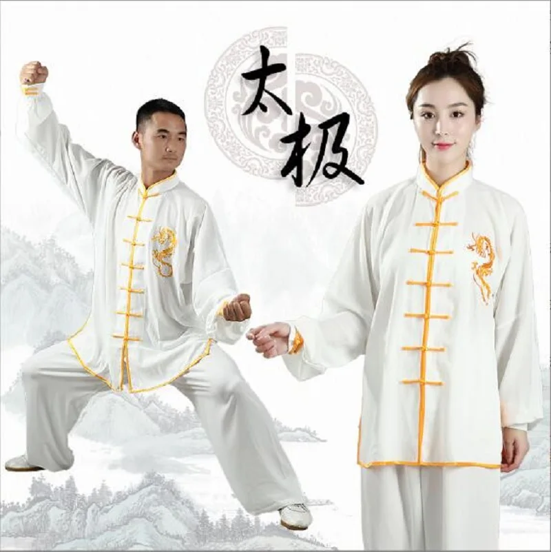 New Chinese Men Women Kung Fu Suits Embroidered Golden Dragon Long Sleeve Tai Chi Martial Art Uniform Clothing Set