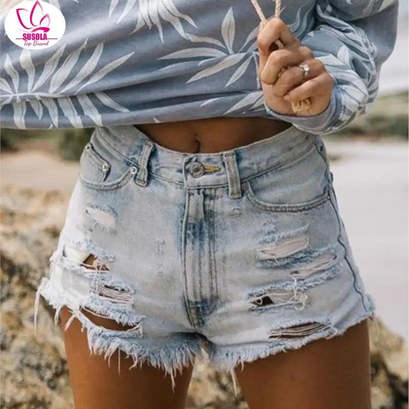 

Casual Women Denim Shorts Crimping Slim Summer Jeans Shorts Feminino Ladies Bottom High Waist Ripped Fringed Denim Shorts Female