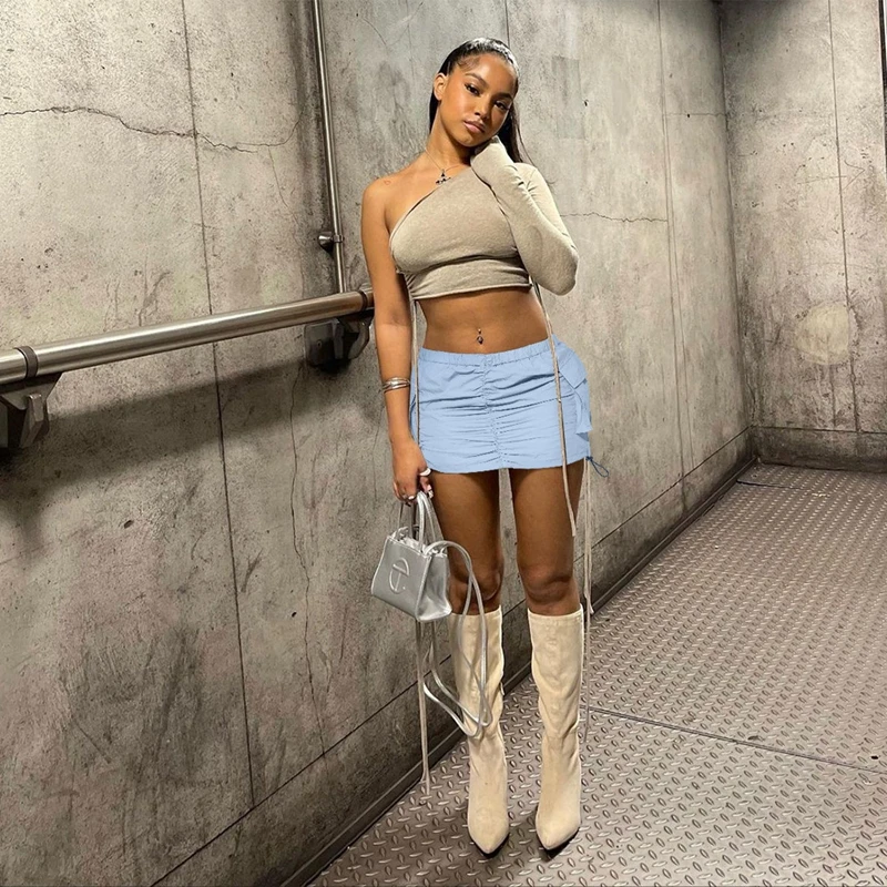 Solid Drawstring Ruched Cargo Skirt For Women High Waist Y2k Women Clothes Casual Pleated Saias Fashion Streetwear Summer 2023