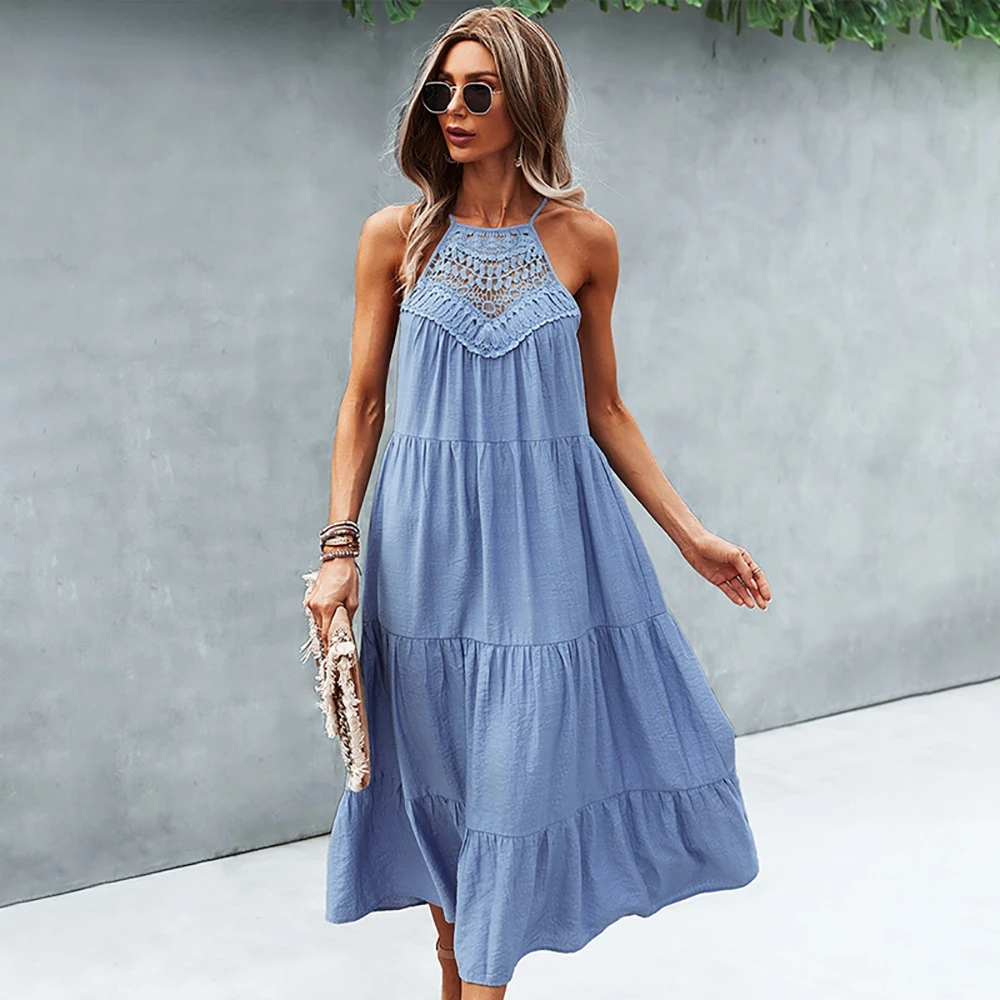Summer Women Lace Stitching Halter Long Dress Sexy Lace-up Big Hem Beach Party Dresses Vintage Green Casual Ruffle Sundress 2022 |
