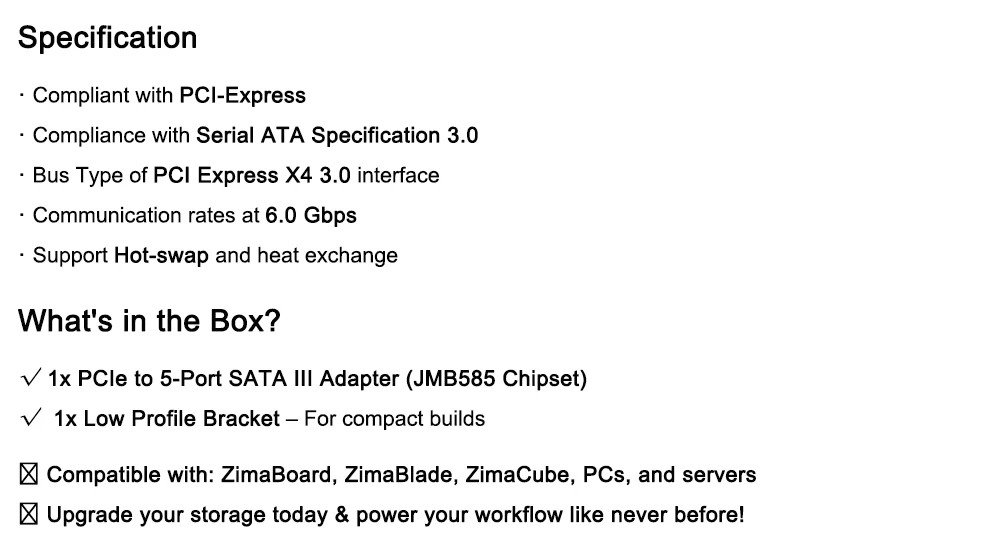 PCIe to 5 Port SATA III Adapter JMB585 Chipset ZimaBoard Private Cloud Expansion