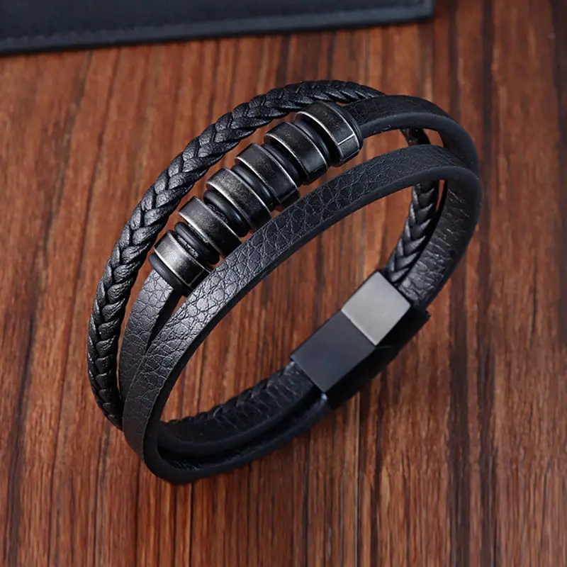Knit Stainless Steel Genuine Leather Rope Black Vintage Black Bracelet Men Charms Gift