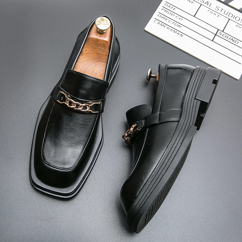 Men's Square Toe Leather Shoes Europe America Party Dress Shoes High-end Men's Interview Business