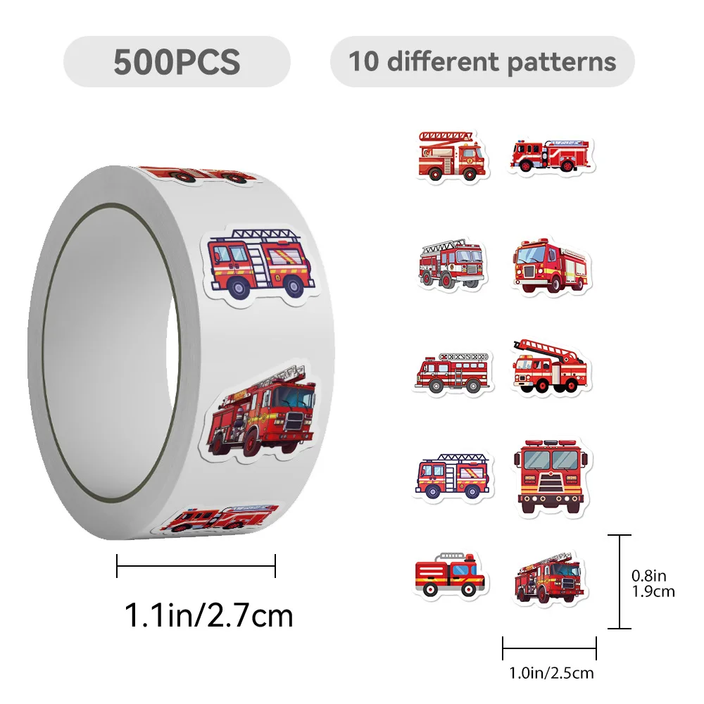500PCS Fire Truck Roll Stickers Graffiti Cartoon Art Gift Scrapbooking Living Room Phone Community Skateboard Nostalgia Sticker