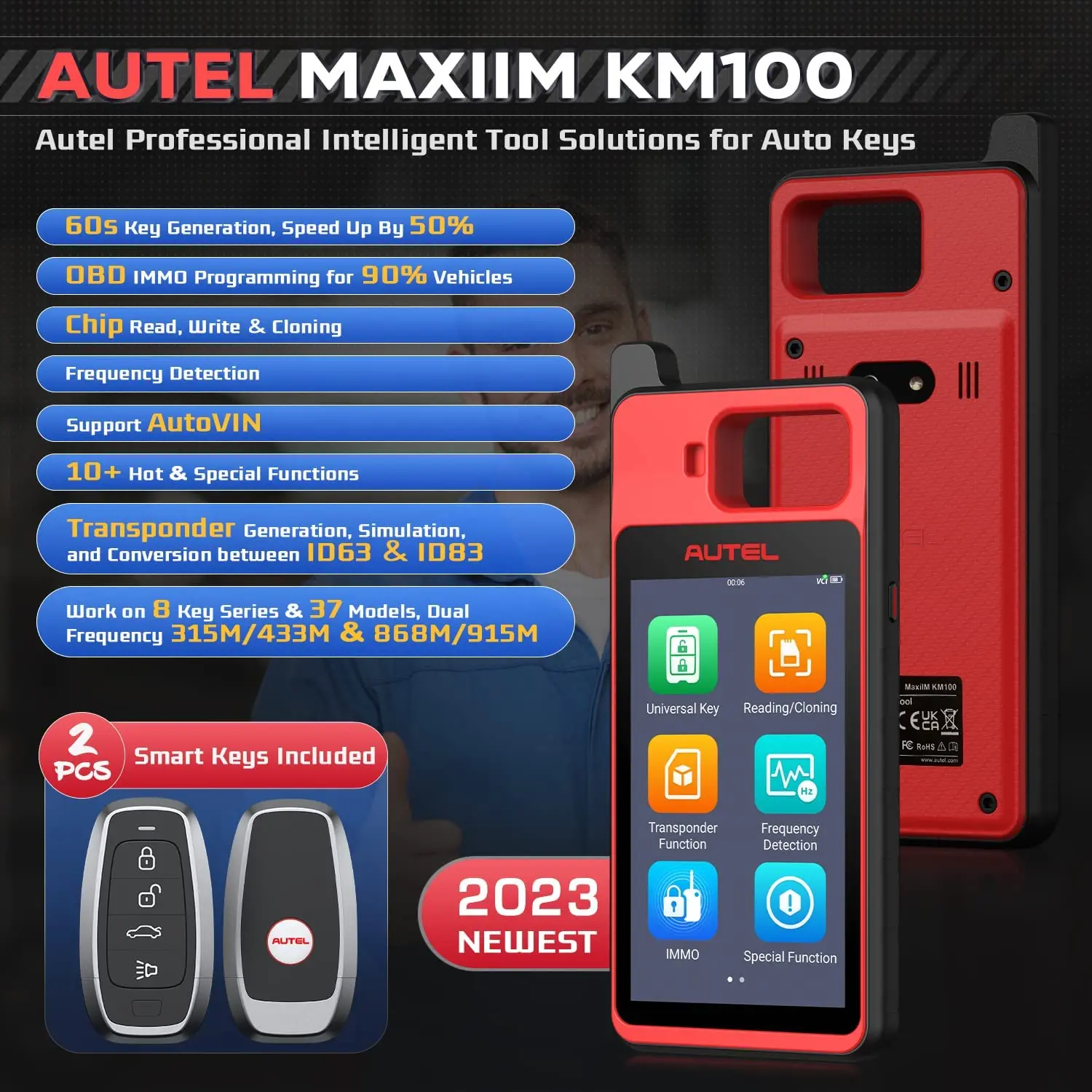 Autel-herramienta inmovilizadora de programación de llaves, dispositivo MaxiIM KM100, 2 piezas, Autel IKEY para generación de llaves de 60s, OBD IMMO, aprendizaje en coche 99%