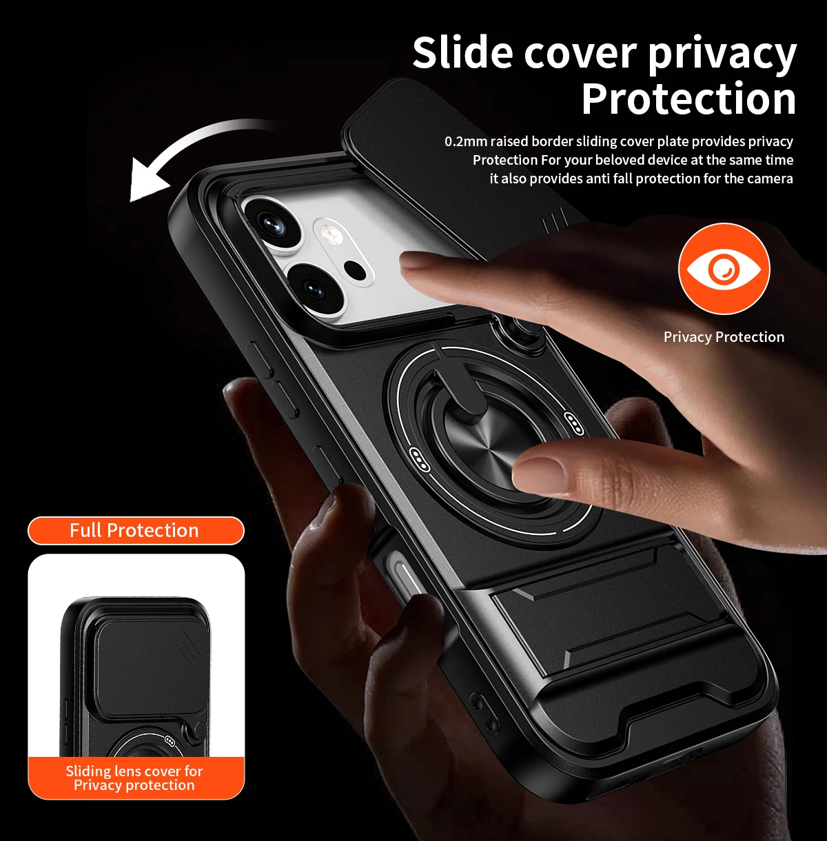 Shockproof Armor Slide Lens Case with Magsafe Magnetic Wireless Charging and Ring Holder