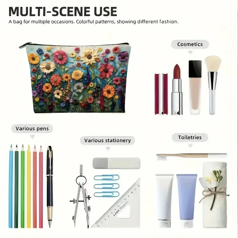 Flower Printed Canvas Cosmetic Bag, Large Capacity Wash Bag, 3D Portable Makeup Travel Bag, Double Sided Print Cotton and Linen