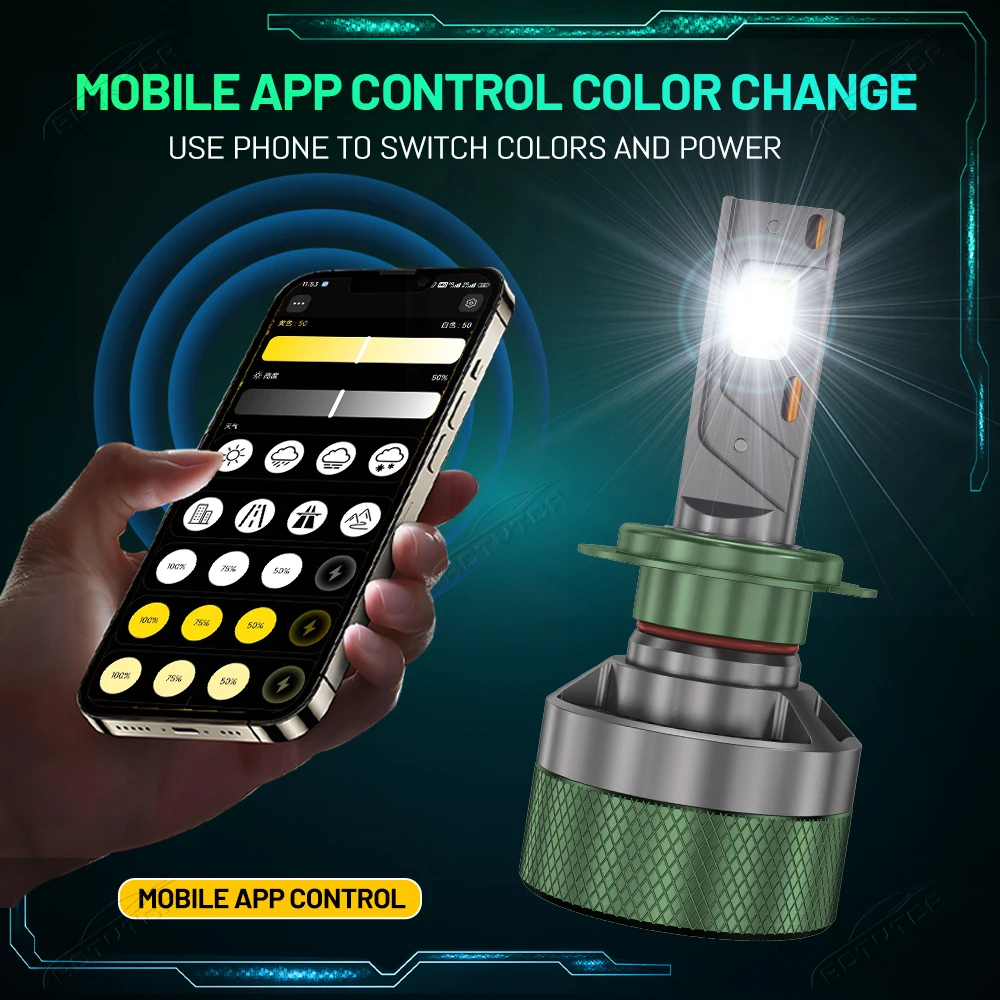 2개 모바일 앱 제어 H7 H4 자동차 헤드라이트 CANBUS H1 H3 H11 9005 HB3 9006 HB4 9007 9008 H13 9012 헤드램프 3000K6500K 자동차 전구
