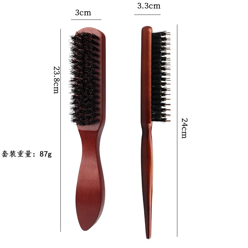 나무 손잡이가있는 2pcs 프리미엄 강모 헤어 브러시 매끄러운 뒤 헤어 브러시 가장자리 브러시 세트 멧돼지 강모 놀리는 브러시 쥐 꼬리 빗