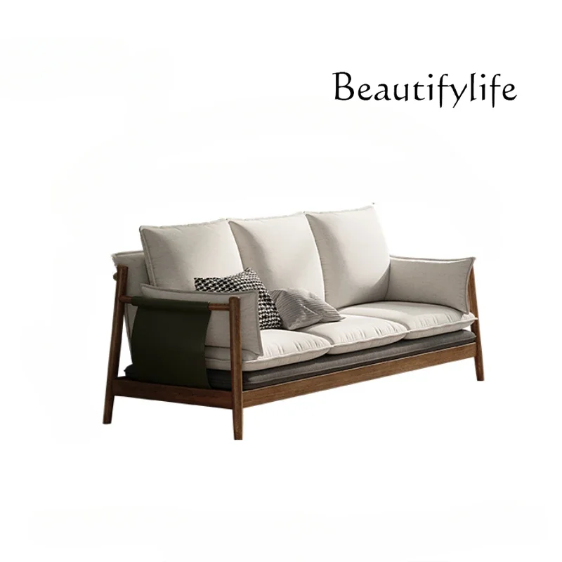 

Solid Wood Fabric Sofa Nordic Light Luxury Three-Person Living Room White Wax Sofa Small Apartment Furniture