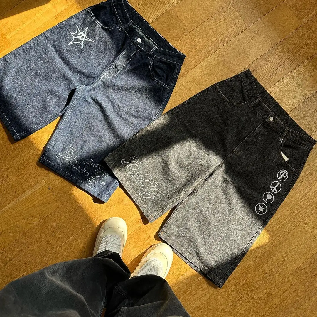Summer Fashion Casual Y2k Hip Hop Denim Shorts New Harajuku Punk Rock Gym Male Shorts Vintage Loose Knee Length Pants Beach