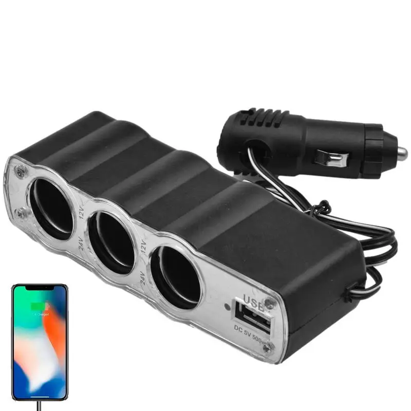 

Car Charger Extender 3-way Car Cigarette Lighter Splitter Sockets USB DC Charger Adapter Car Recorder Seat Heater Refrigerator