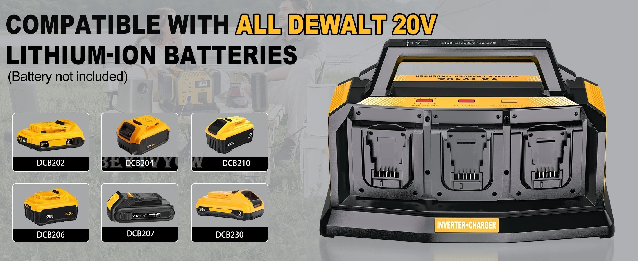 1200W Power Inverter Battery Charger 2-in-1 for DeWalt Battery 6 Ports Rapid Cha