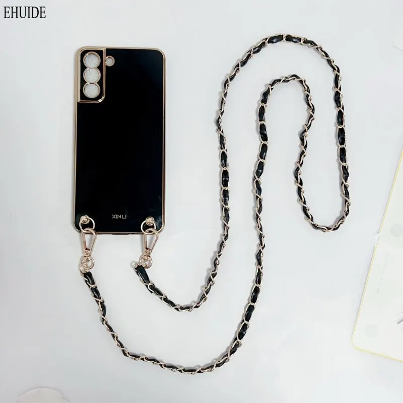 Crossbody Lanyard PU Leather Metal Chain Cover with Strap Plating Case