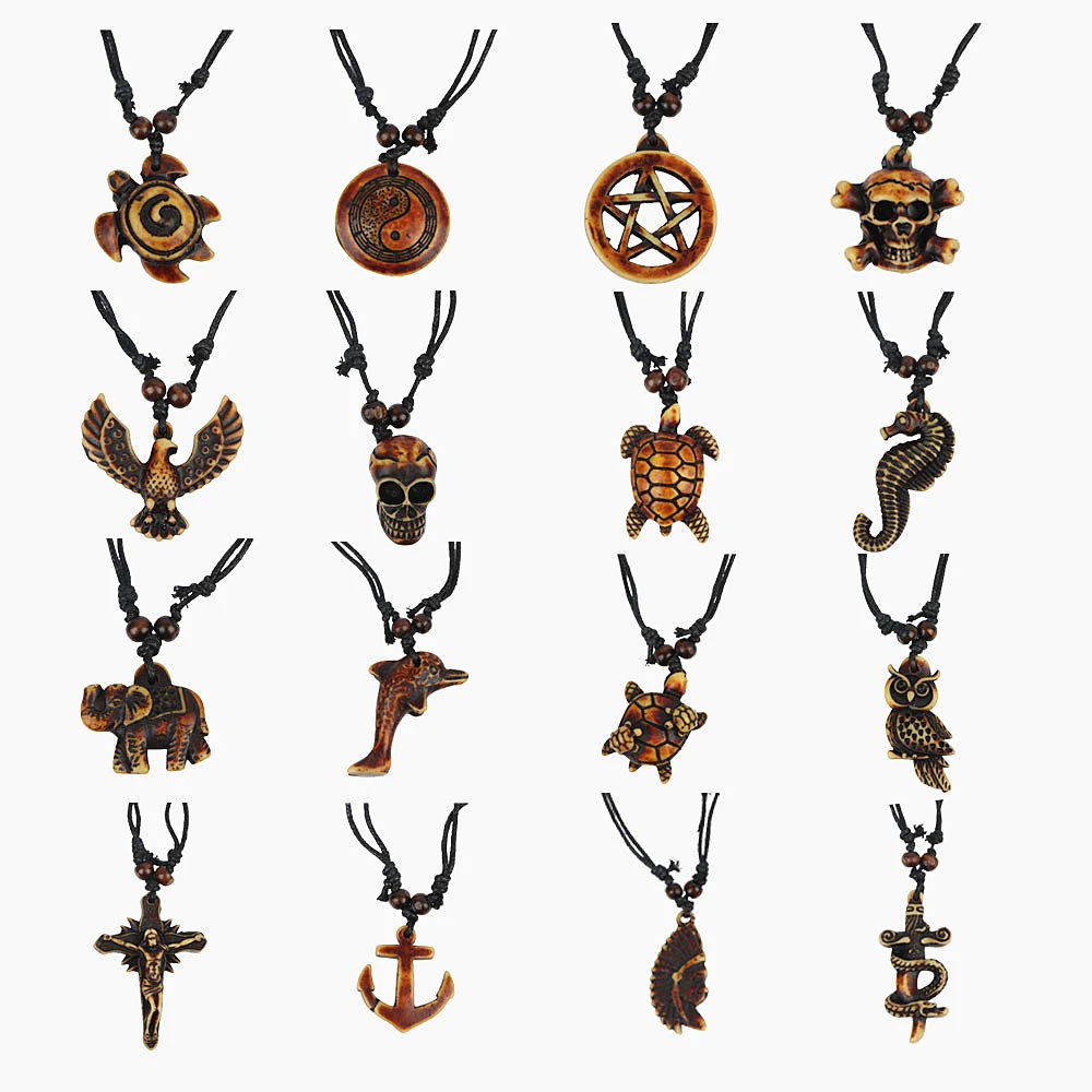 Retro Punk Gothic Schildkröte Schädel Tier Holz Halskette Männer Frauen Astrolabium Indisches Kreuz Einstellbare Seil Kette Schmuck Zubehör