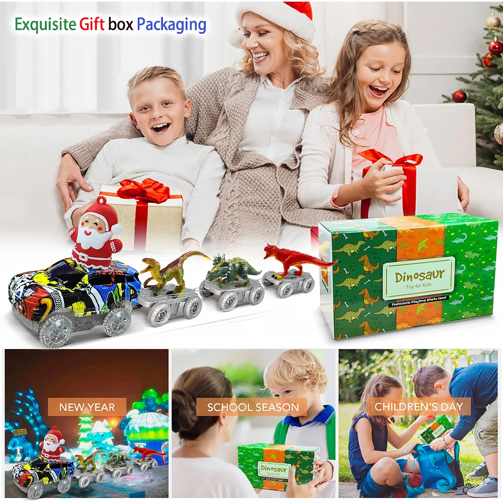 Christmas Dinosaur Toys Create A Dinosaur World Road Race-Flexible Track Santa Claus Car for 3 4 5 6 Year Up Old Boy Girls Gift