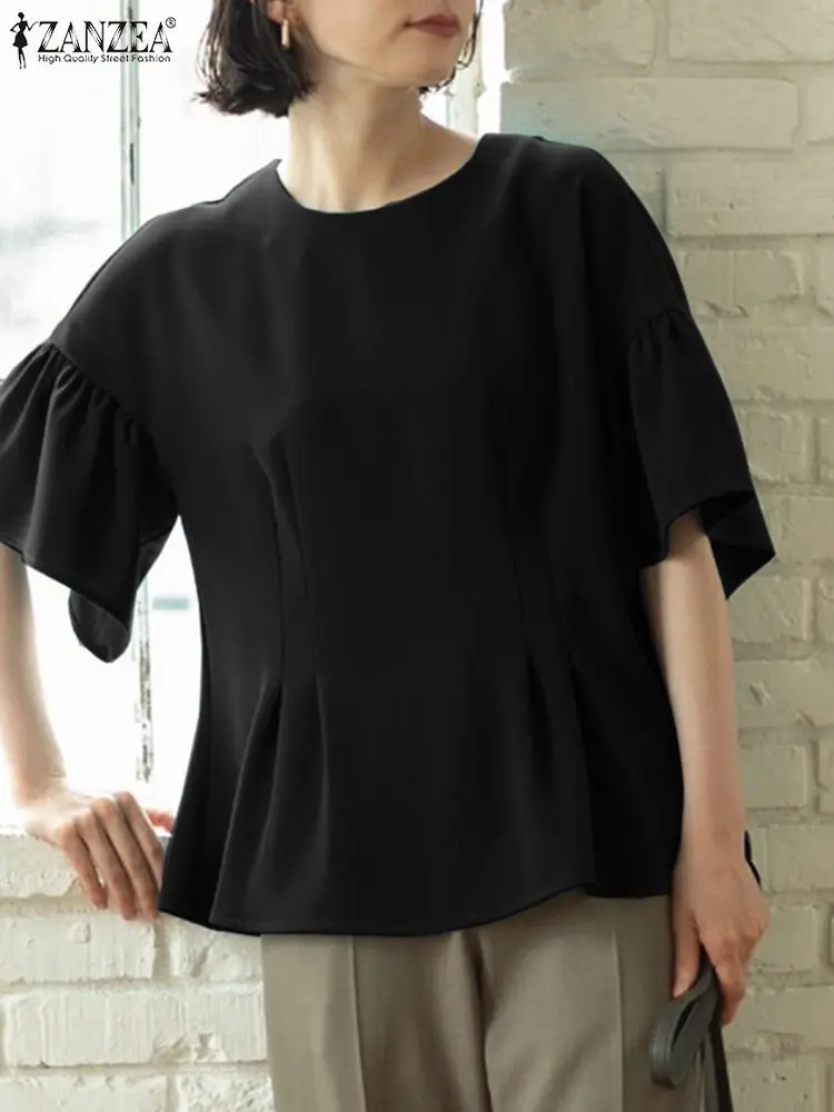 

ZANZEA 2024 New Women Blouse Fashion Ruffles Half Sleeve Tops Casual Loose Pleats All-match Shirt Vintage Solid Round Neck Tunic