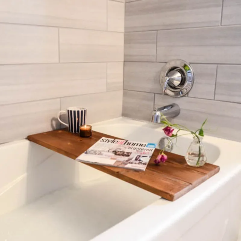 Solid Wood Bathtub Organizer Divider Shelf for Spa Hotel & Airbnb Bathrooms Natural Waterproof Storage with Bath Tray