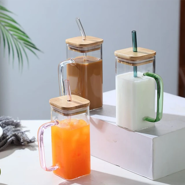 470ml Glass Jar with Bamboo Lids and Straws Drinking Glass Bottles Milk Cup  Iced Coffee Mug 