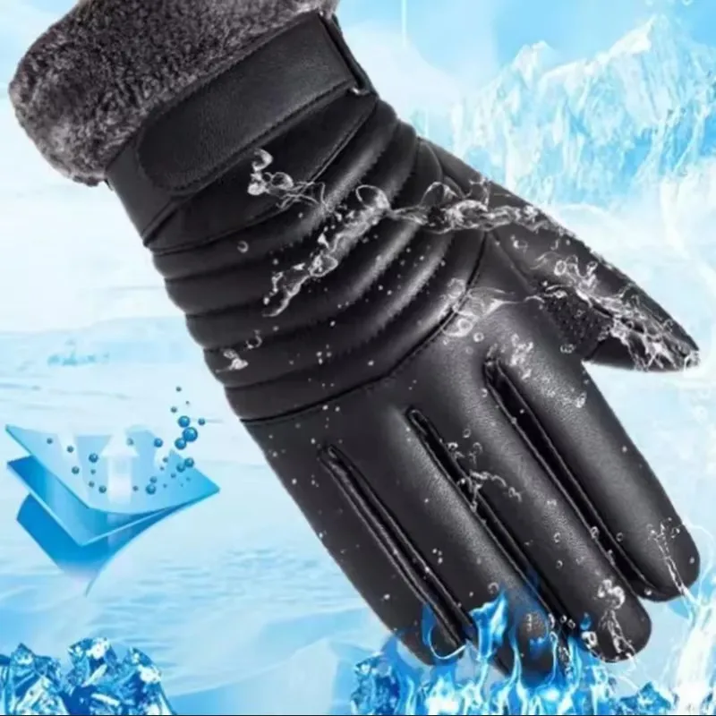 Winter-Fahrradhandschuhe für Herren, wasserdicht, Touchscreen, Motorrad, Vollfinger-Handschuhe, Leder, elektrisches Fahrrad, warme Handschuhe – Detail 1