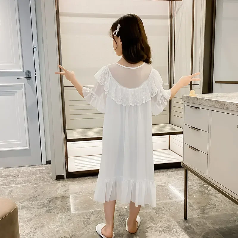 어린이 여름 공주 잠옷 수면 원피스, 여아 잠옷, 반팔 레이스 칼라 디자인,  홈웨어 잠옷