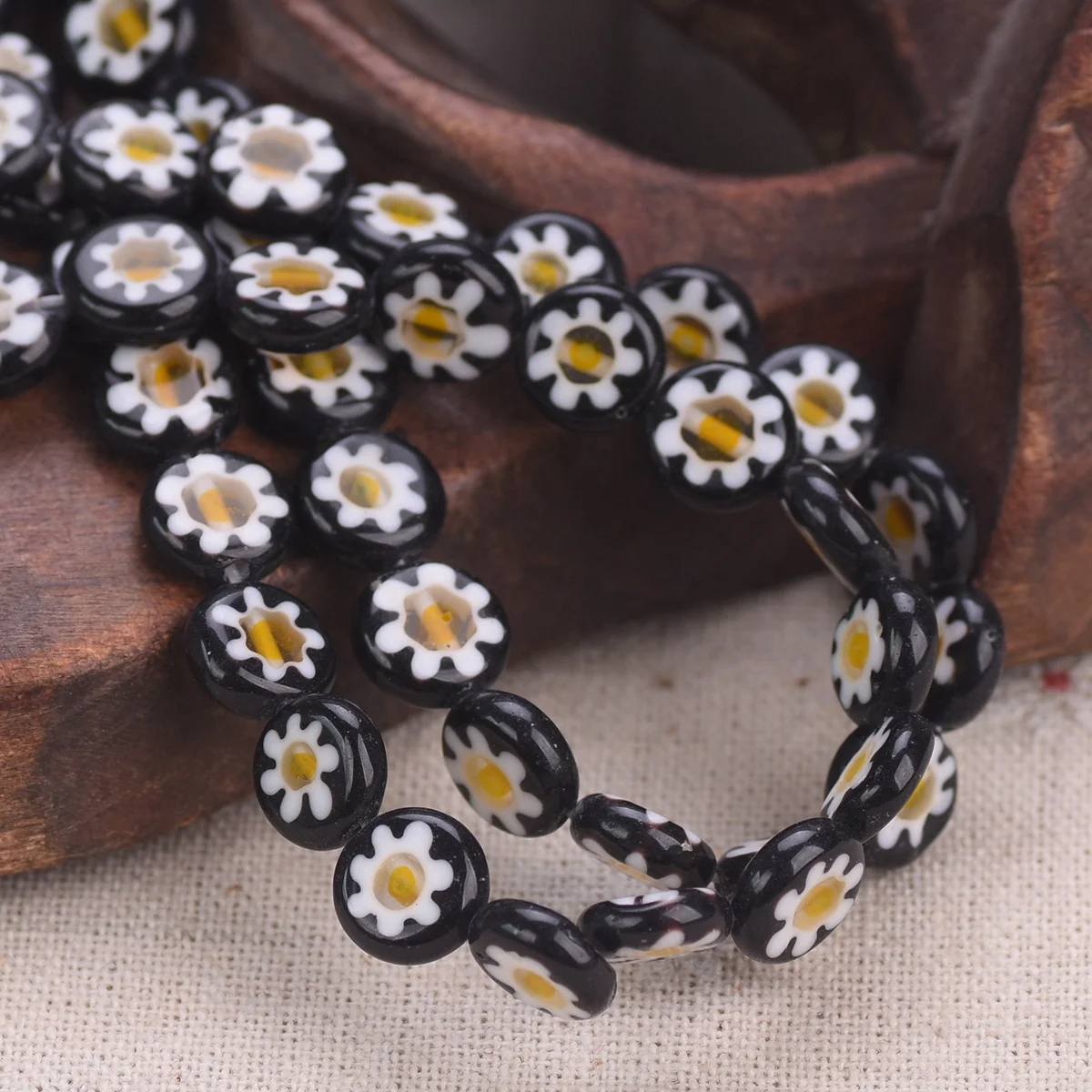 

35pcs(1 Strand) Flat Round 10mm Black Flower Handmade Millefiori Glass Loose Beads Lot For Jewelry Making DIY Crafts Findings