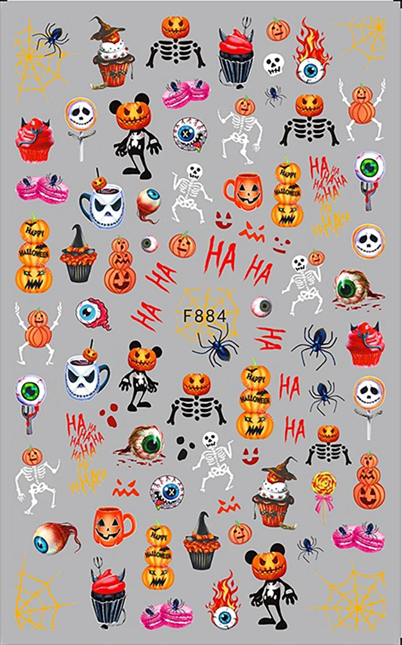 3D Skull Pumpkin Head Bat Nail Stickers Supplies Sliders Halloween Decorations Decals