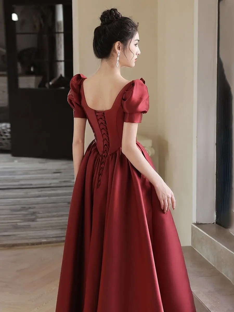 New wine short sleeve lady girl women princess prom evening performance party ball dress gown