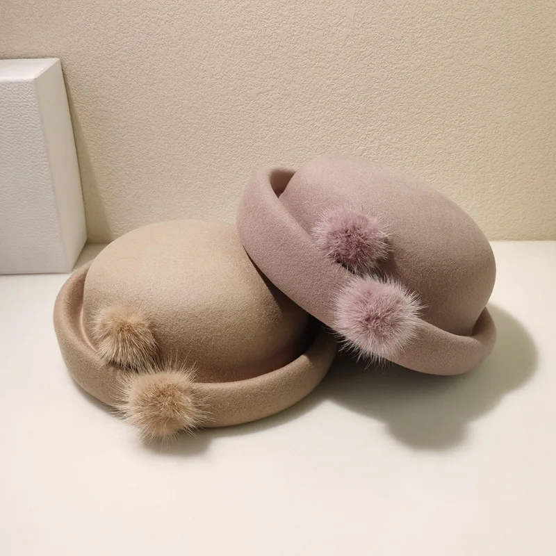 

202310-2506654 ins chic winter rabbit fur pompon wool felt GRACE formal lady beret cap women Leisure painter hat
